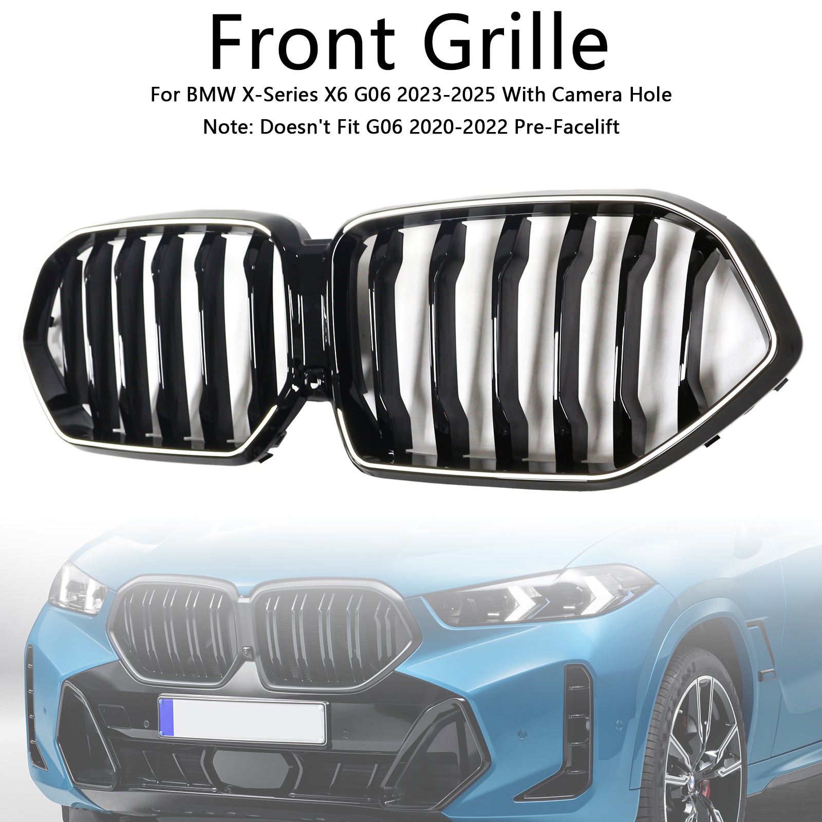 Rejilla de parachoques delantera negra compatible con BMW X6 G06 M60i 2023-2025 con orificio para cámara - 0