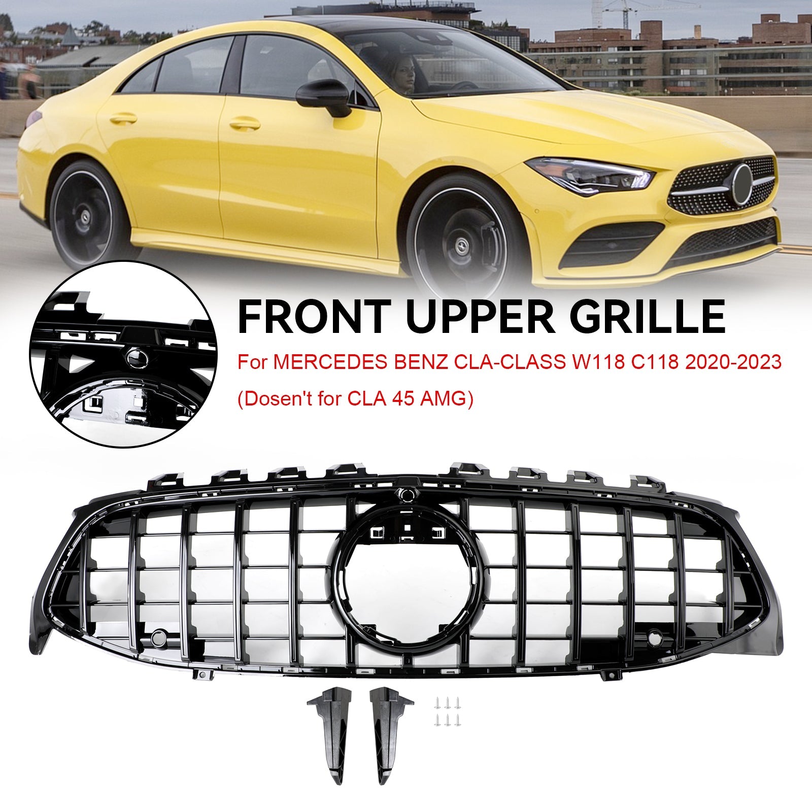 Parrilla de parachoques delantera estilo GTR en negro brillante para Mercedes Benz Clase CLA W118 C118 CLA180/200/220/250 2019-2023