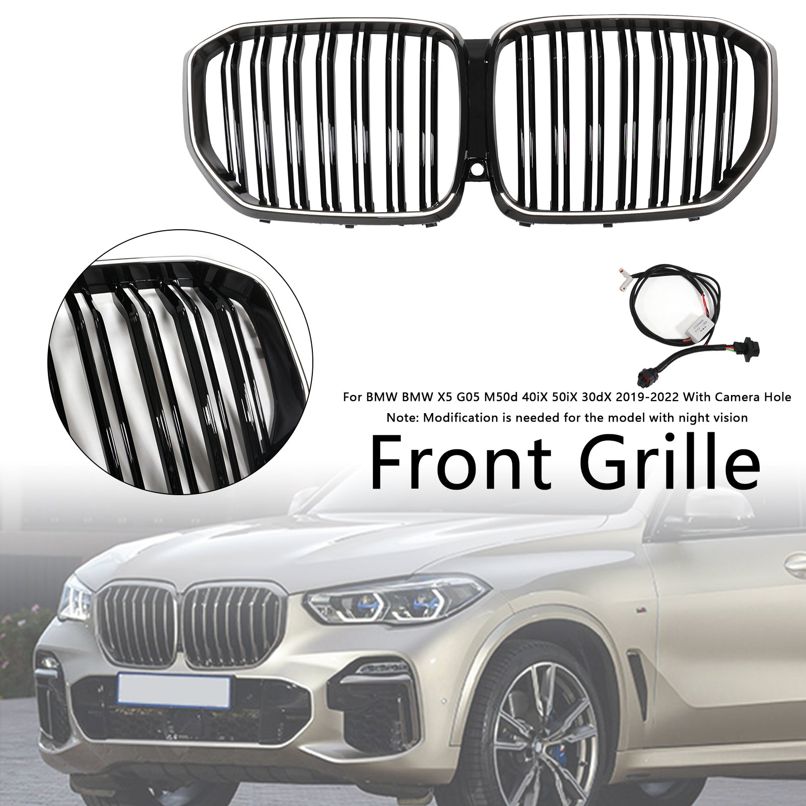 Parrilla delantera tipo riñón de doble lama negra compatible con BMW X5 G05 2019-2022 M-Performance