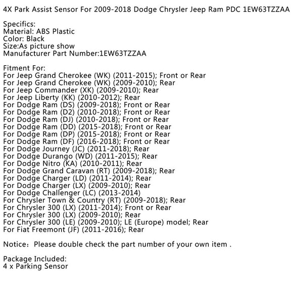 4 sensores de assistência de estacionamento para Dodge Chrysler Jeep Ram PDC 1E (2009-2018)W63TZZAA