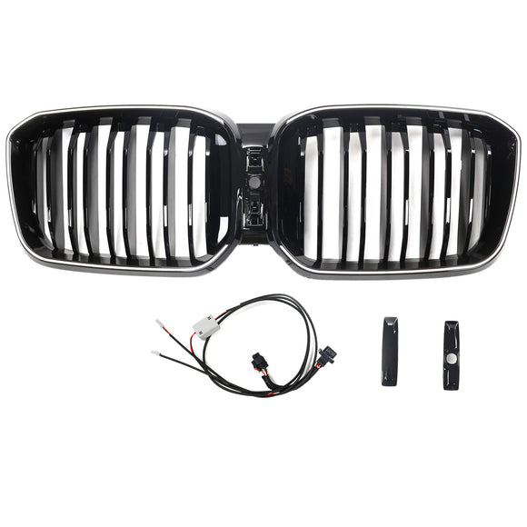 2022-2025 BMW X3 G01 / X4 G02 Double Slat Glossy Black Grill Front Bumper Kidney Replacement Grille With LED Strip Light