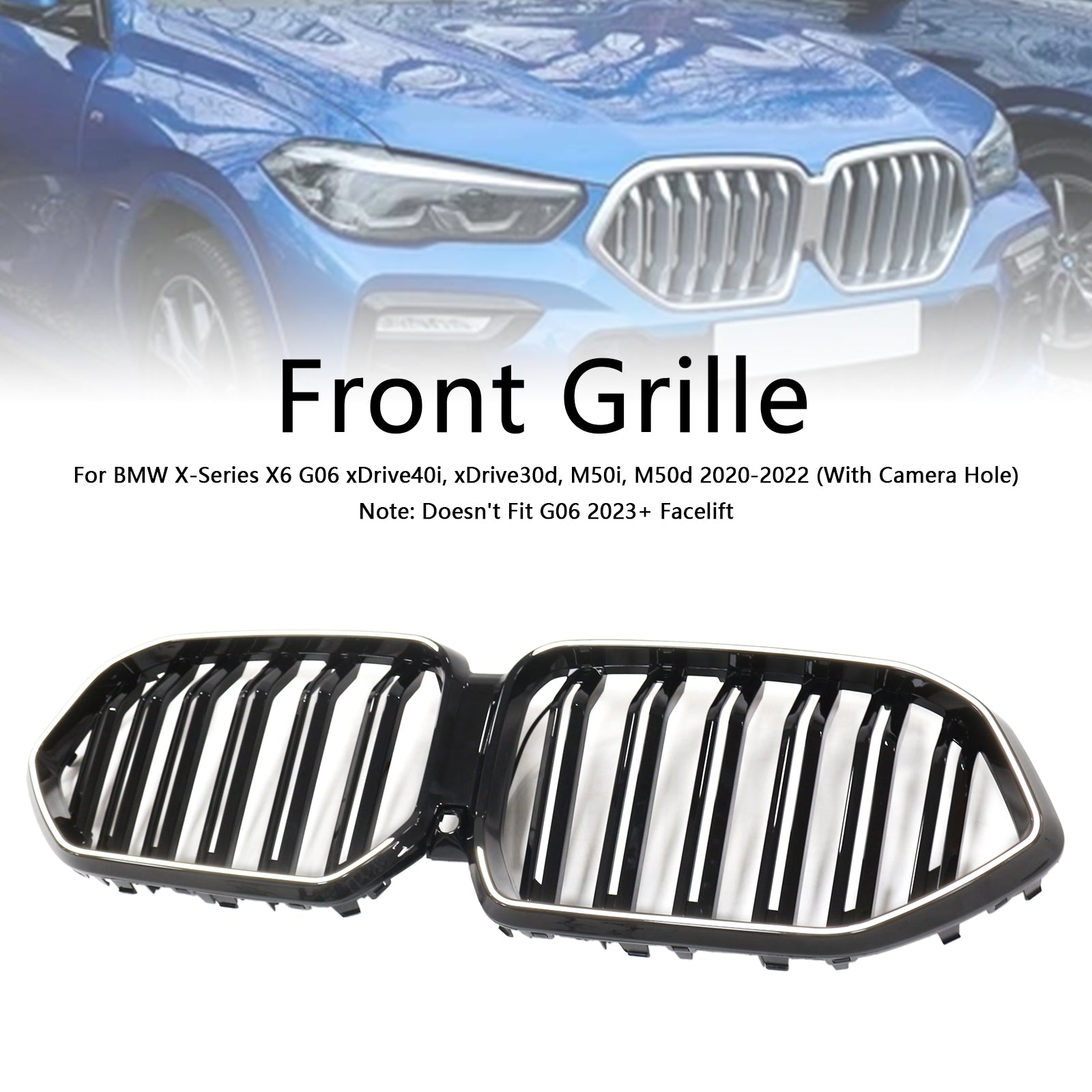 Gloss Black Front Bumper Grille Fit BMW X6 G06 M50i 2020-2022 W/Camera Hole