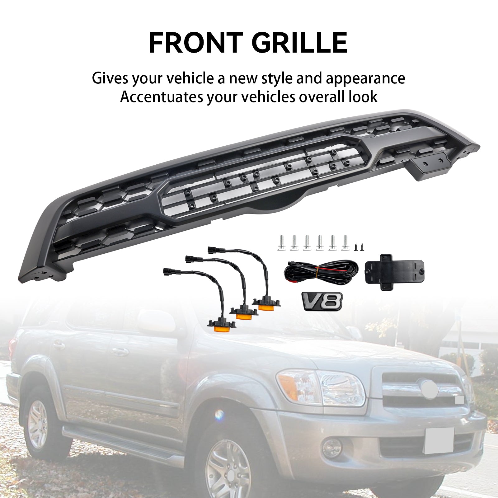 2005-2007 Toyota Sequoia Front Bumper Grill  Matte Black Grille W/ LED