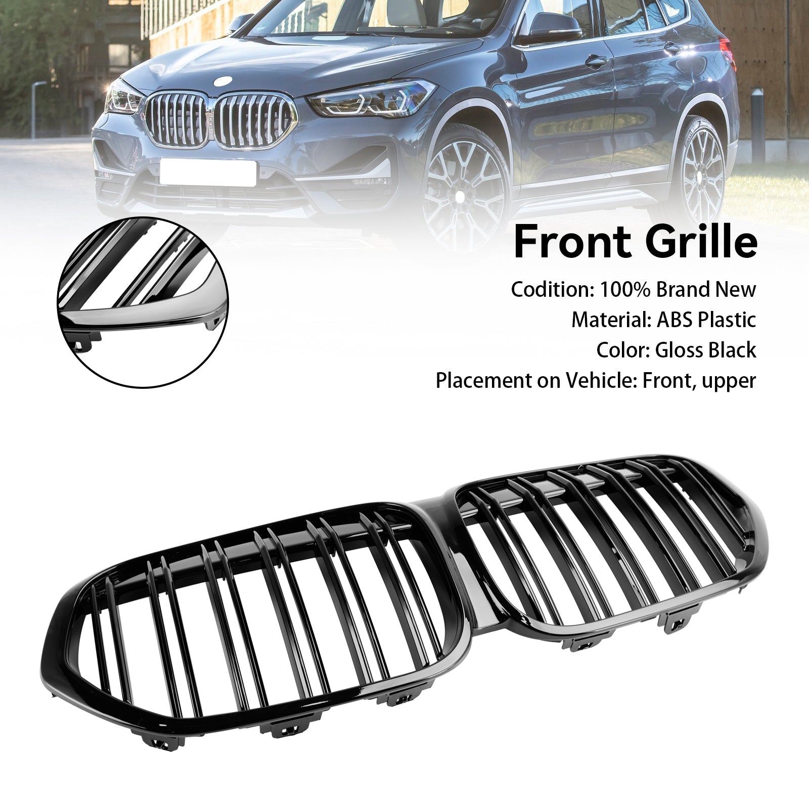 Calandre avant à double lamelles noire brillante pour BMW X1 F48 F49 sDrive18i/xDrive20i/xDrive25i/sDrive20d 2019-2021