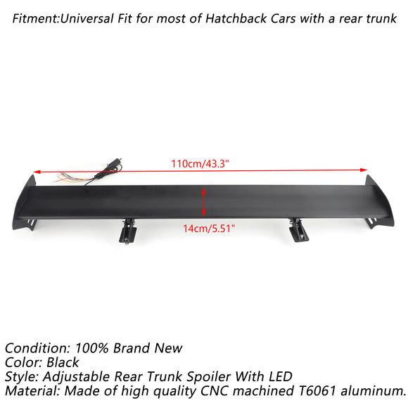 Universal Hatch Adjustable Aluminum Rear Trunk Wing Racing Spoiler With LED