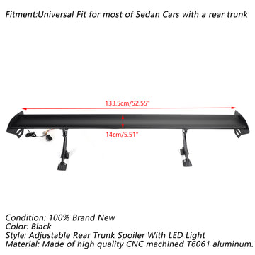 Universal Sedan Adjustable Aluminum Rear Trunk Wing Racing Spoiler W/ LED Light - 0