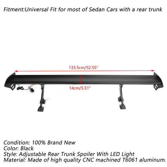 Universele sedan verstelbare aluminium kofferbakvleugel racespoiler met LED-licht