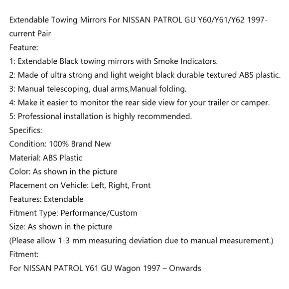 Extendable Towing Mirrors For NISSAN PATROL GU Y60/Y61/Y62 1997- current Pair