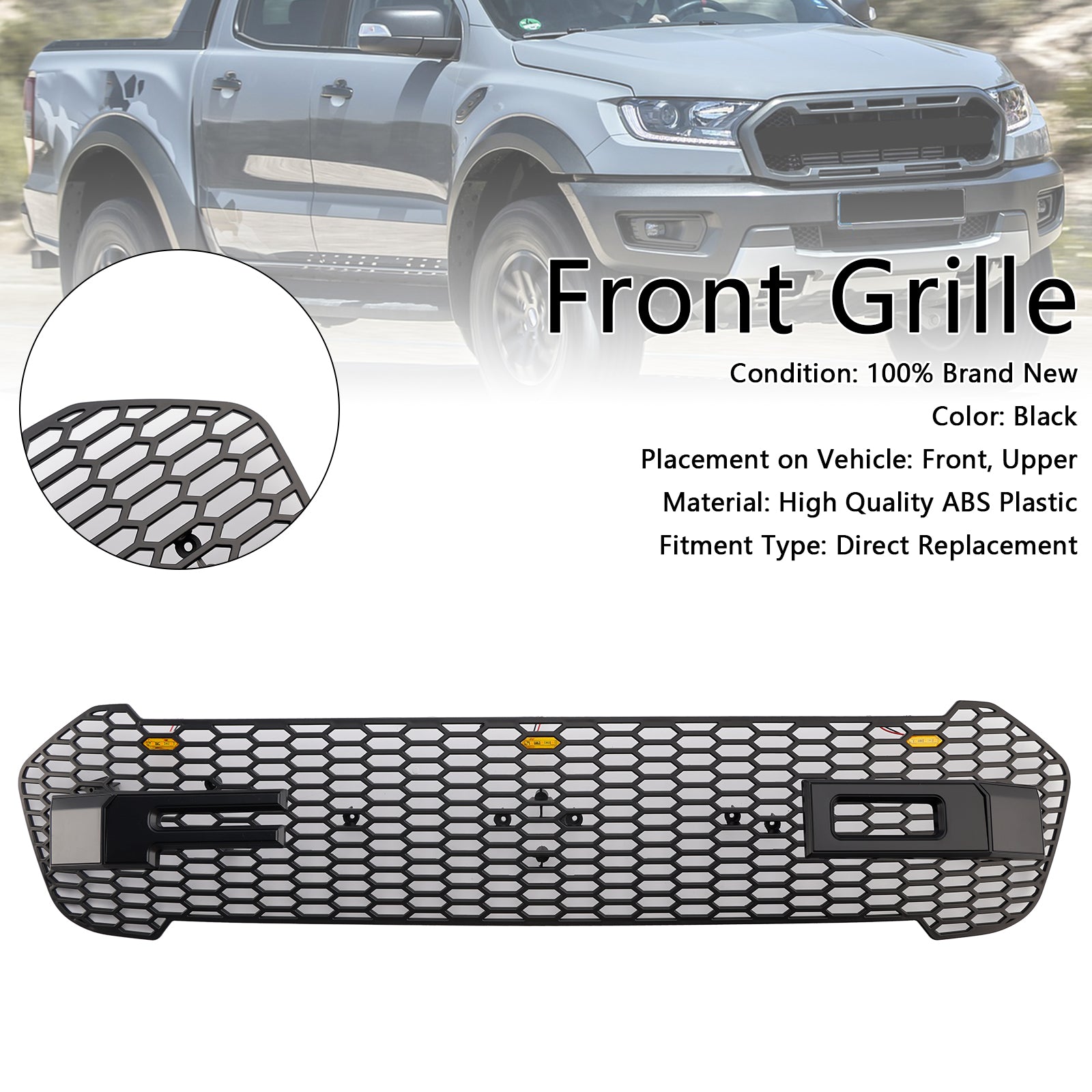 Grille de pare-chocs avant de style Raptor pour Ford Ranger T8 2019-2023 avec LED