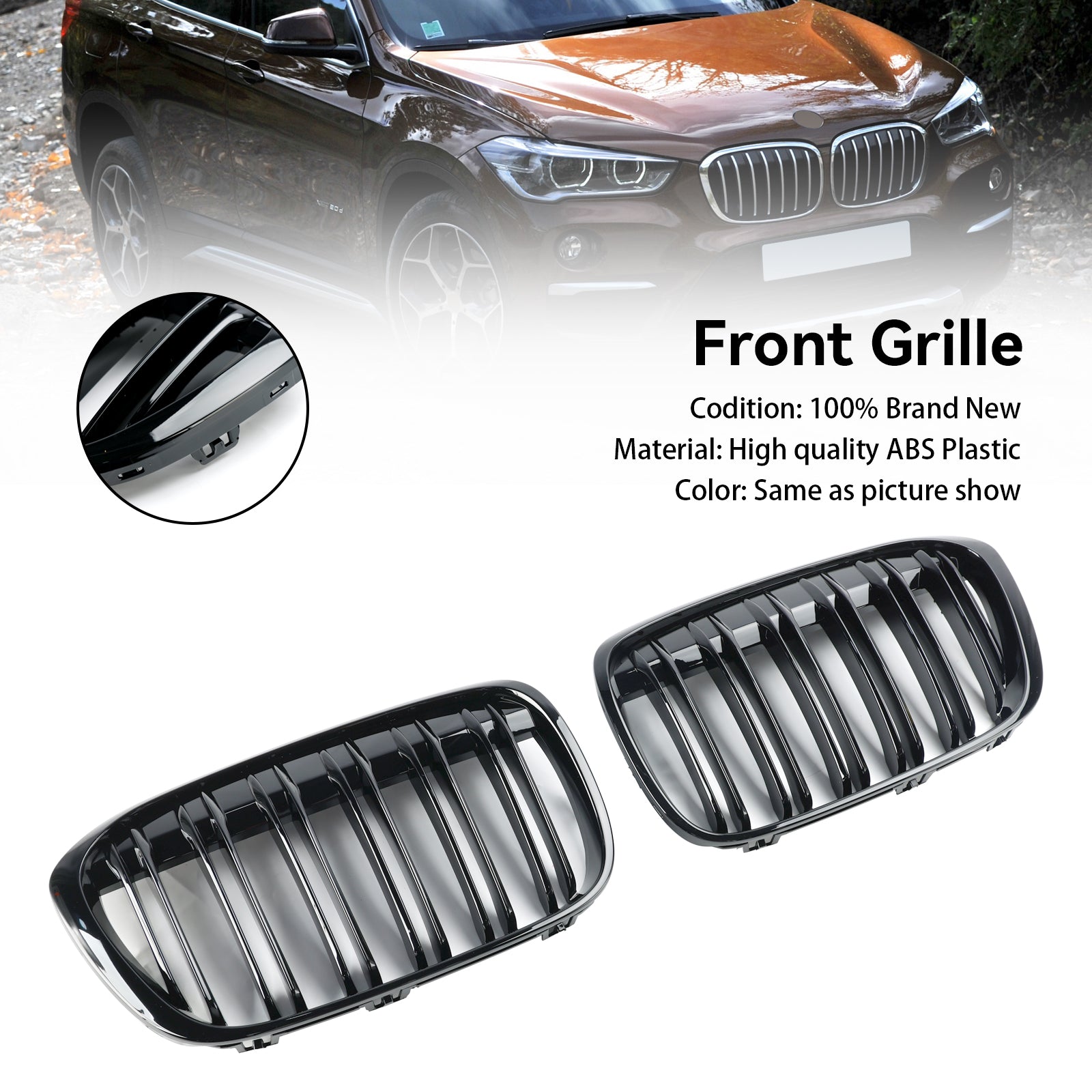 Calandre avant noire brillante 2 pièces pour BMW X1 F48 F49 sDrive18i/xDrive20i/xDrive25i/sDrive18d 2016-2018