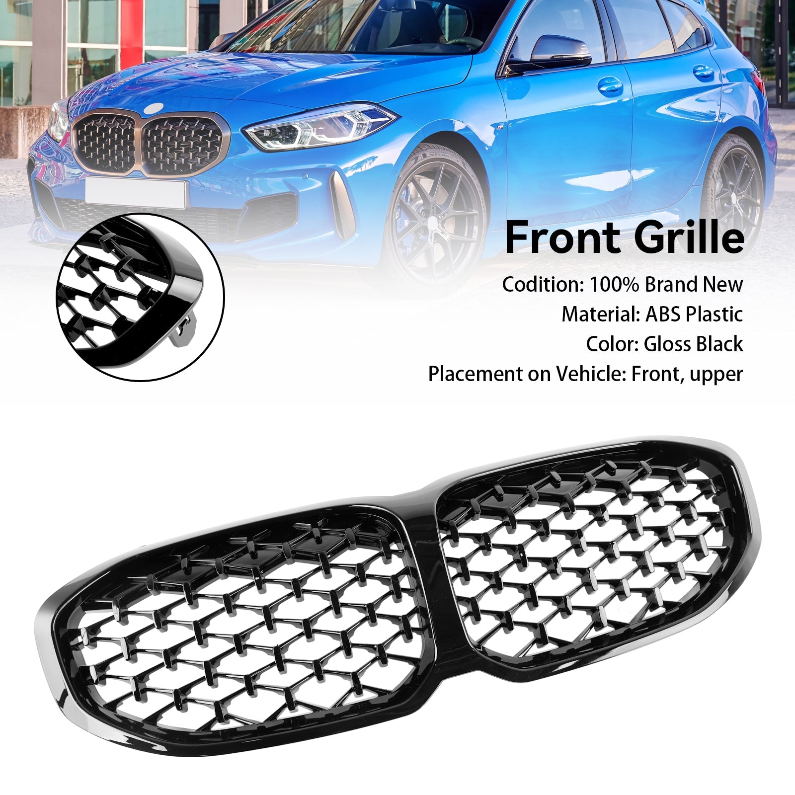 Calandre avant noire brillante diamantée pour BMW Série 1 F40 118i 120i 116d 118d M135i 2019-2024