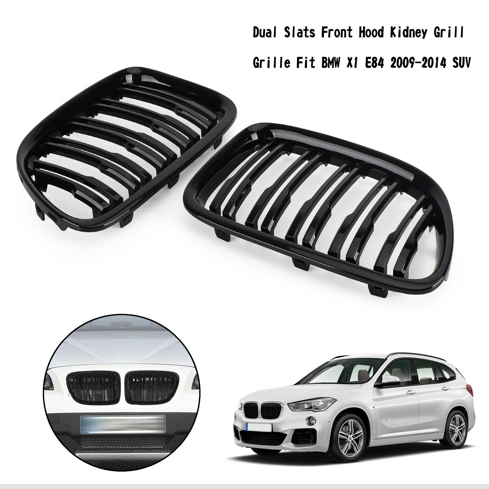 BMW 2009-2014 X1 E84 sDrive20i/xDrive28i/sDrive18d SUV Gloss Black Grill Dual Slats Front Hood Kidney Grille