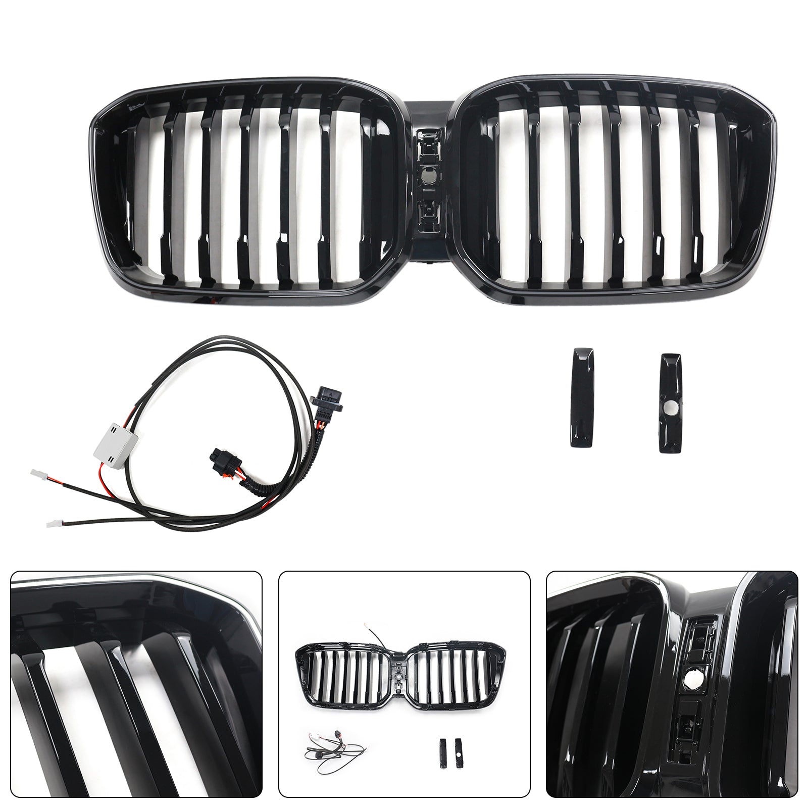 2022-2025 BMW X3 G01 / X4 G02 Front Bumper Kidney Replacement Grille Single Slat Glossy Black Grill With LED Strip Light