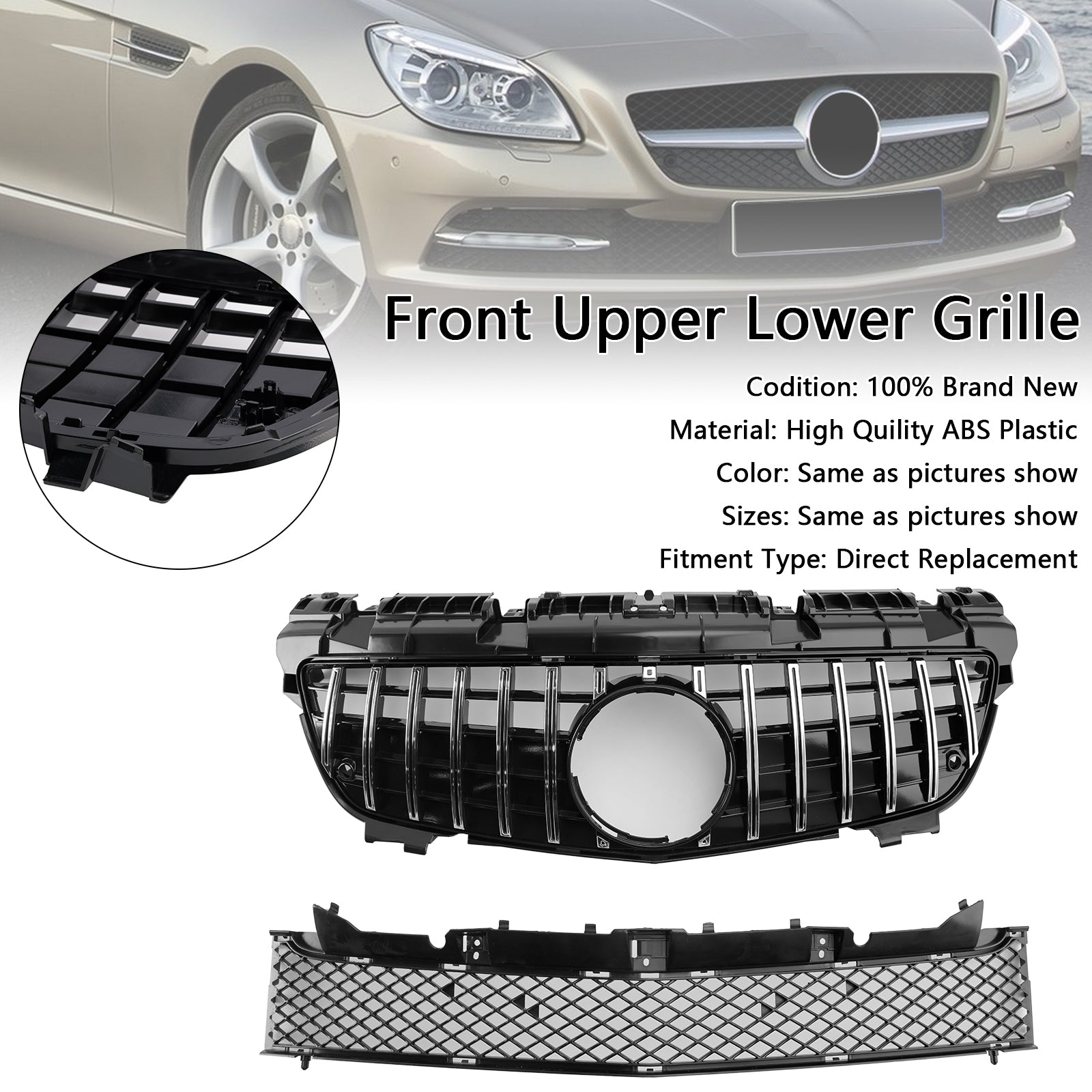 Chrome Front Upper Lower Grille Fit Mercedes SLK-Class R172 SLK55 2011-2016