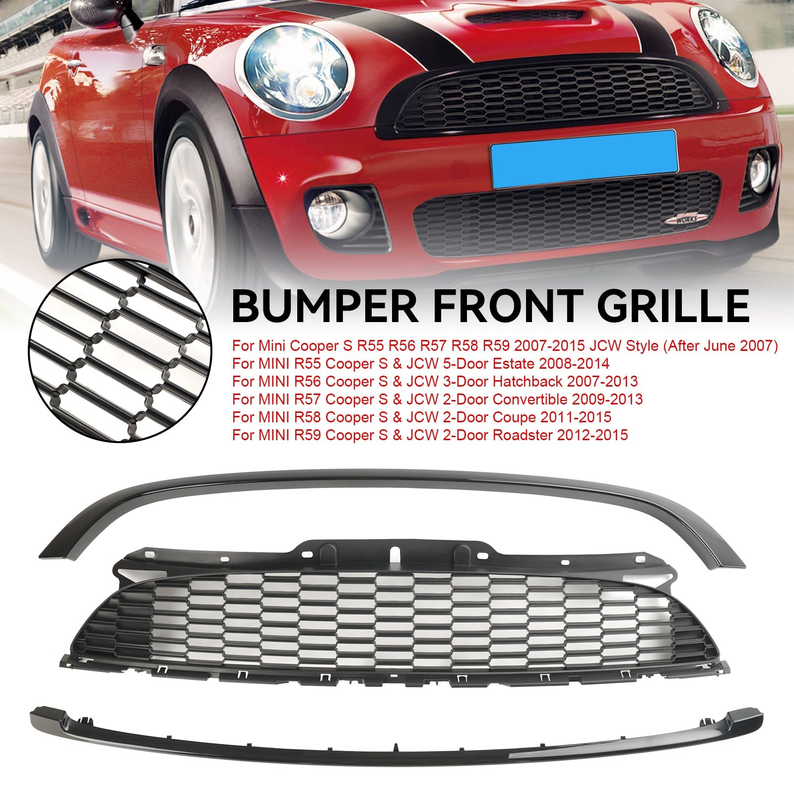 2008-2014 Mini R55 Cooper S &amp; JCW 5 puertas Estate 3 piezas parrilla delantera negra brillante