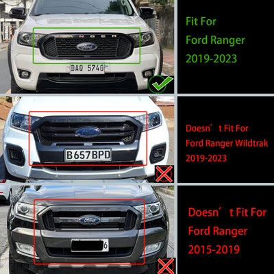 2019-2023 Ford Ranger Black Raptor Style Front Bumper Grill Black Grille W/ 3 White LED Light & FORD Letter - 0