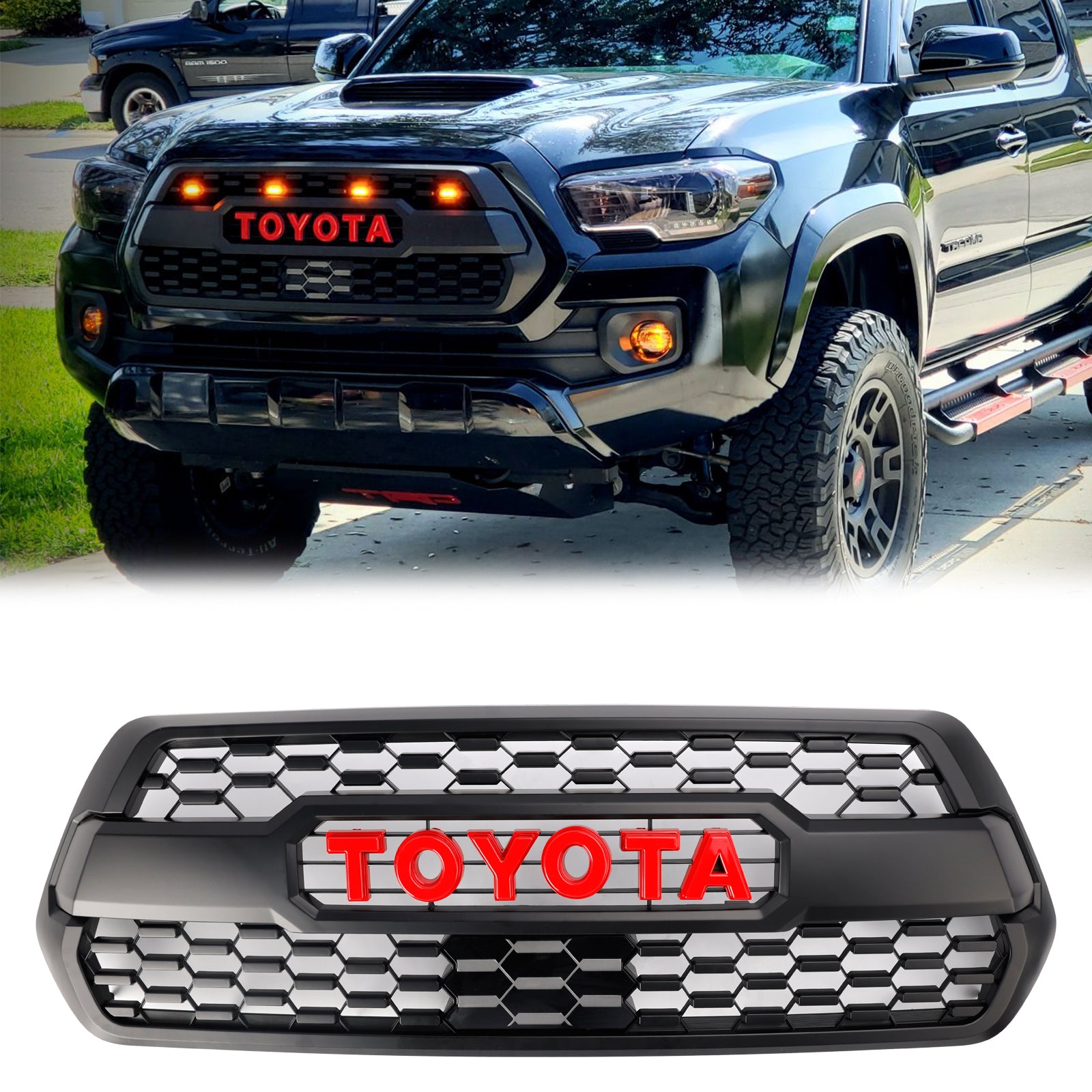 Kit de rejilla de repuesto para parachoques delantero estilo TRD PRO de Toyota Tacoma 2016-2023 con luz LED, color negro