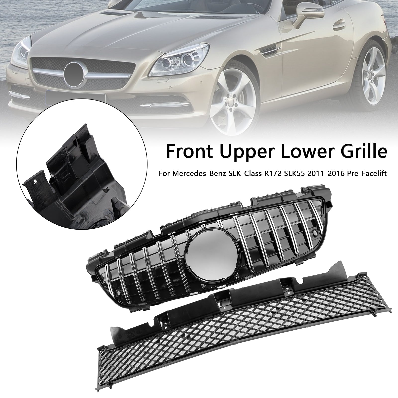 Chrome Front Upper Lower Grille Fit Mercedes SLK-Class R172 SLK55 2011-2016