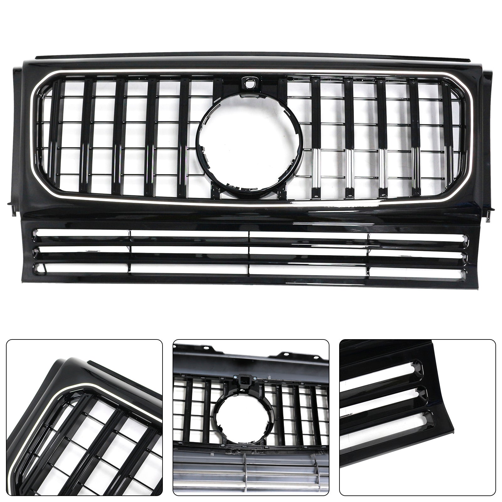 1990-2018 Mercedes Benz G-Class W463 Gloss Black Front Grill Front Bumper Replacement Radiator Black Grille W/ LED Light