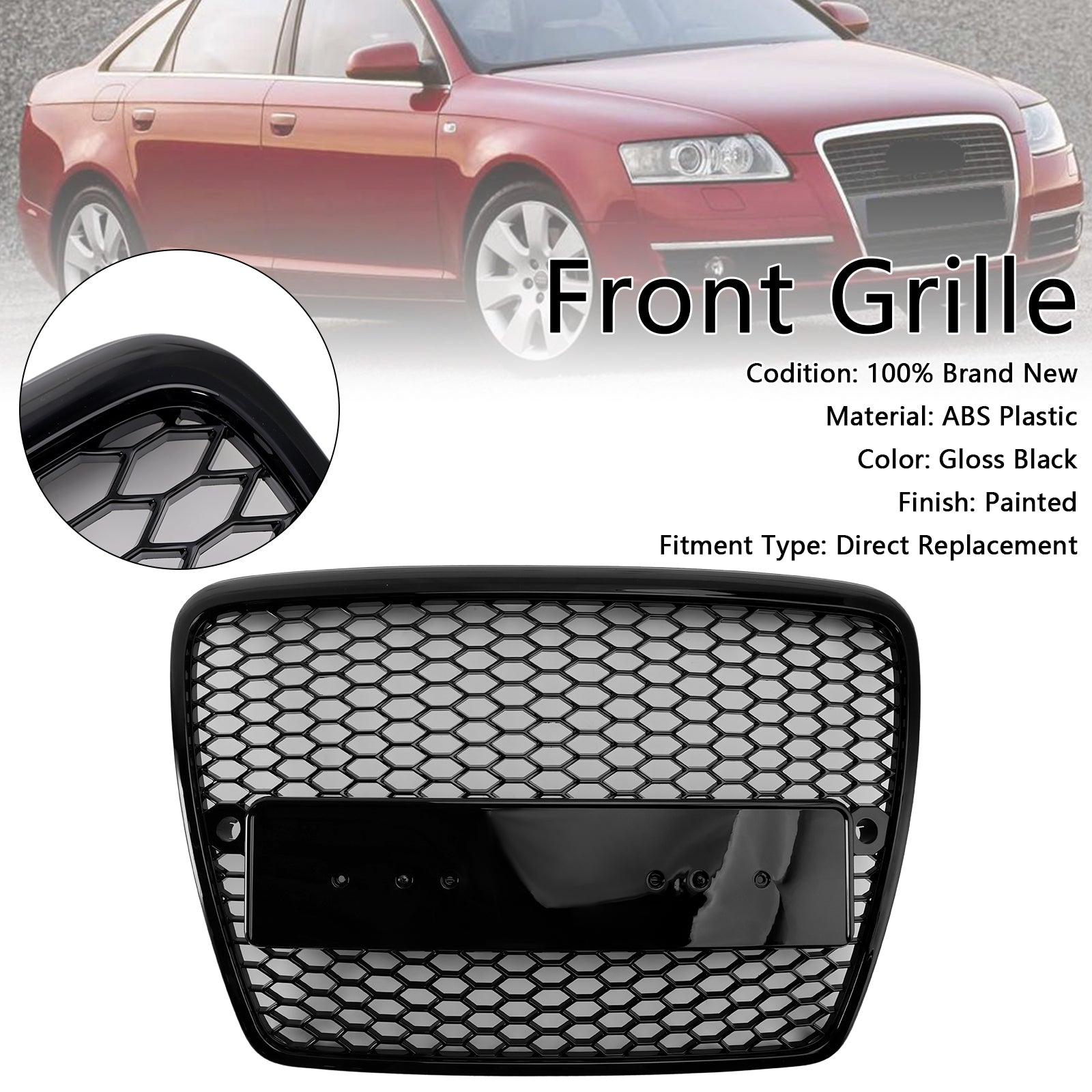 Black Front Honeycomb Bumper Grill Grille Fit Audi A6 C6 2004-2008 Pre-Facelift