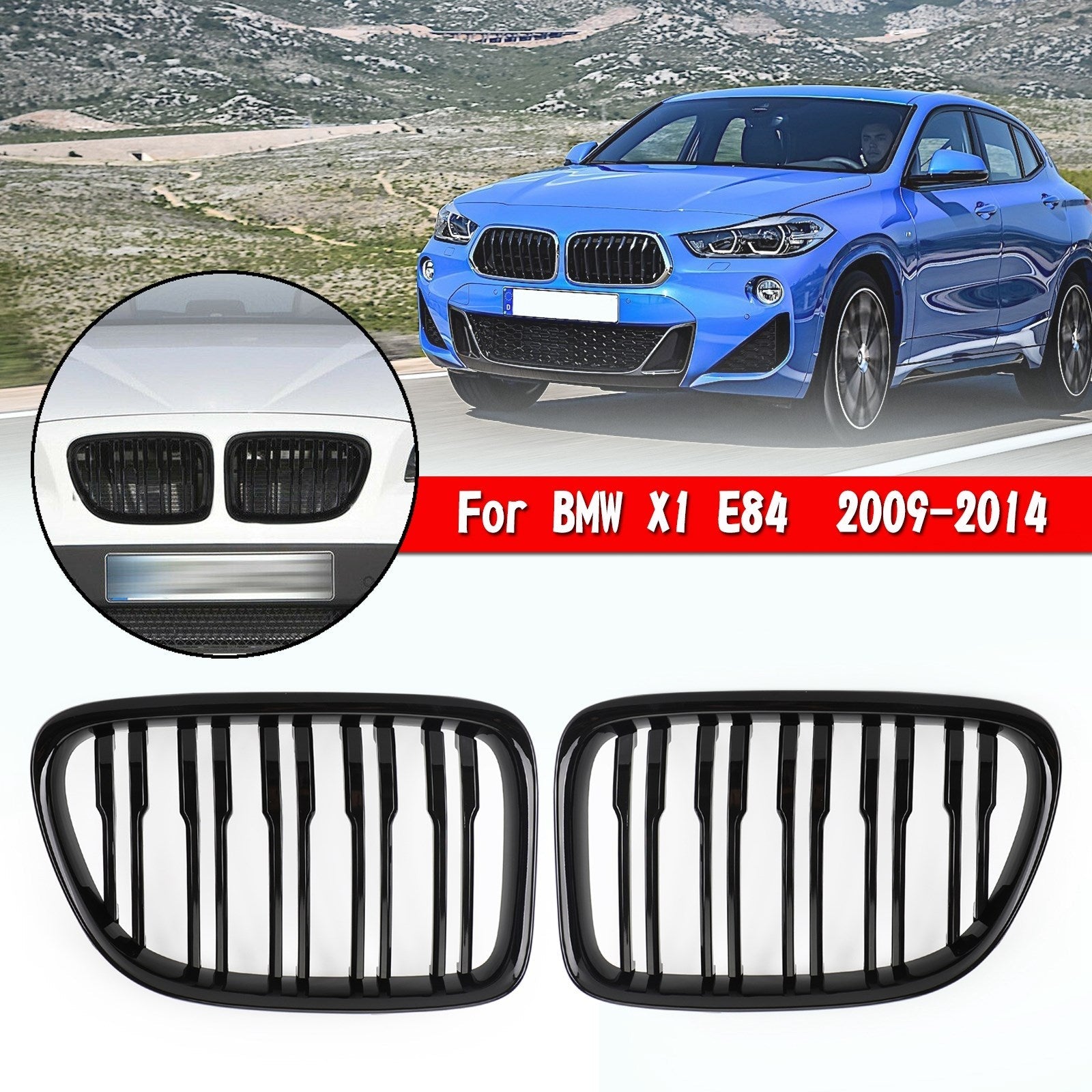 BMW 2009-2014 X1 E84 sDrive20i/xDrive28i/sDrive18d SUV Gloss Black Grill Dual Slats Front Hood Kidney Grille