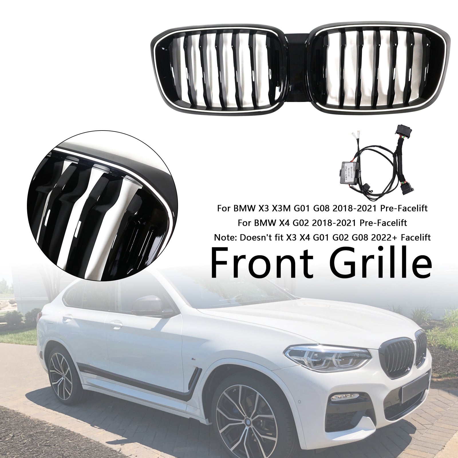 Grille de calandre avant en maille noire brillante pour BMW X4 G02 X3 G01 G08 2018-2021