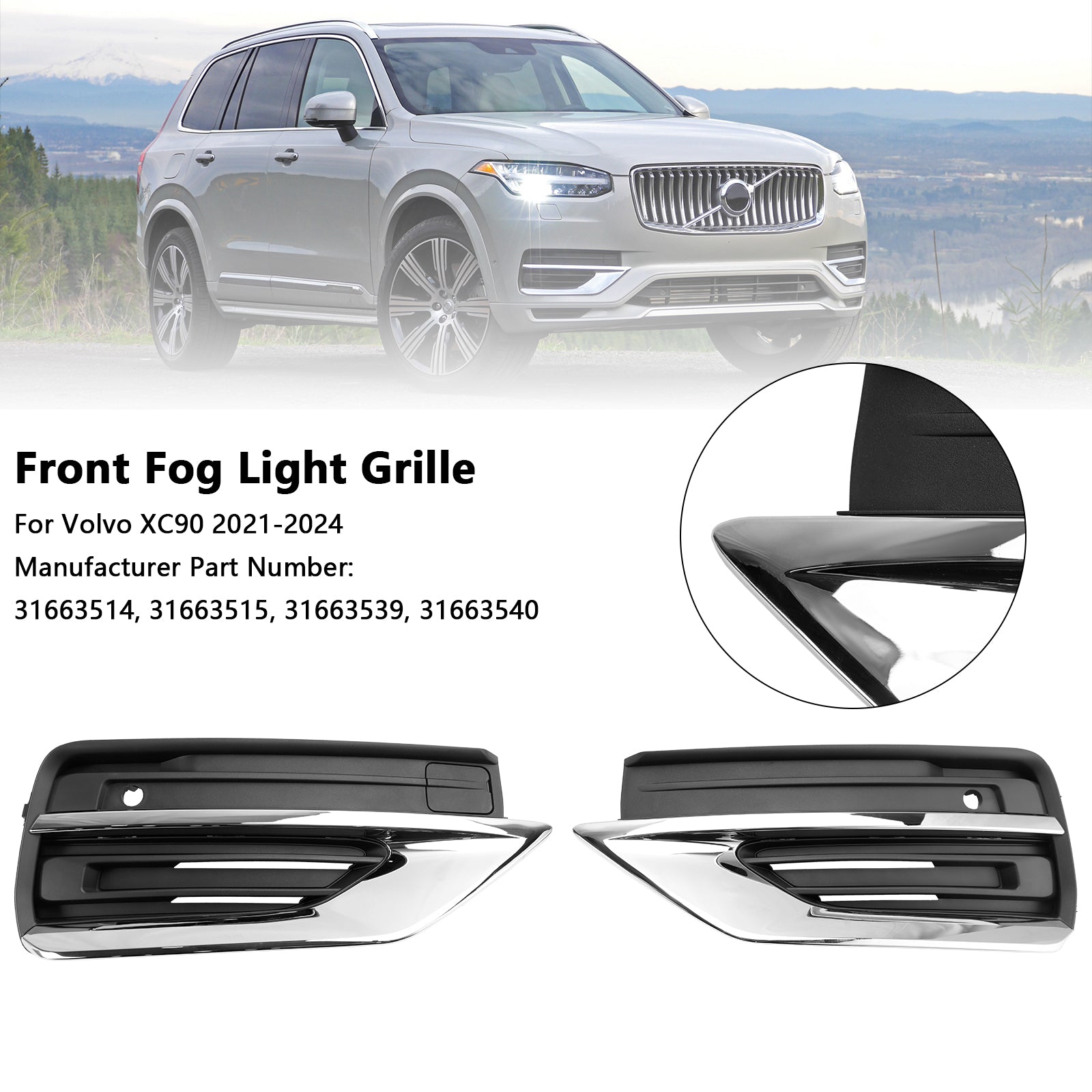 2021-2024 Volvo XC90 2PCS Front Bumper Fog Light Grille Fog Lamp Grille