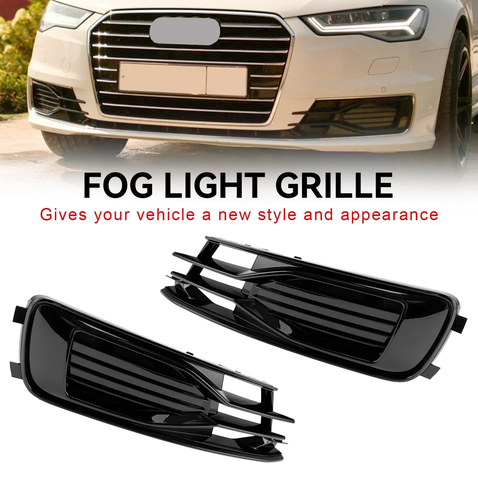 Audi 2014-2018 A6 C7 4G0807647T94 4G0807648T94 2PCS Front Bumper Foglight Cover Grill Grille Black