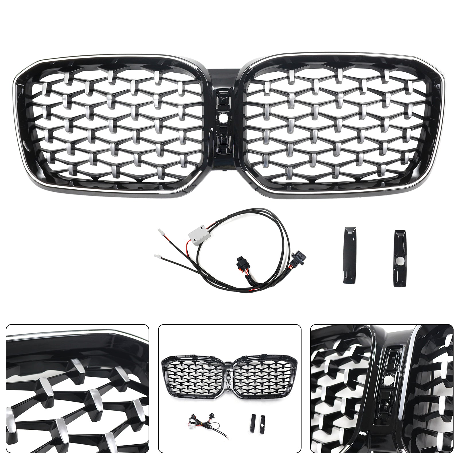 Rejilla de repuesto para parachoques delantero BMW X3 G01 / X4 G02 con rejilla de riñón cromada en color negro diamante y tira de luces LED 2022-2025