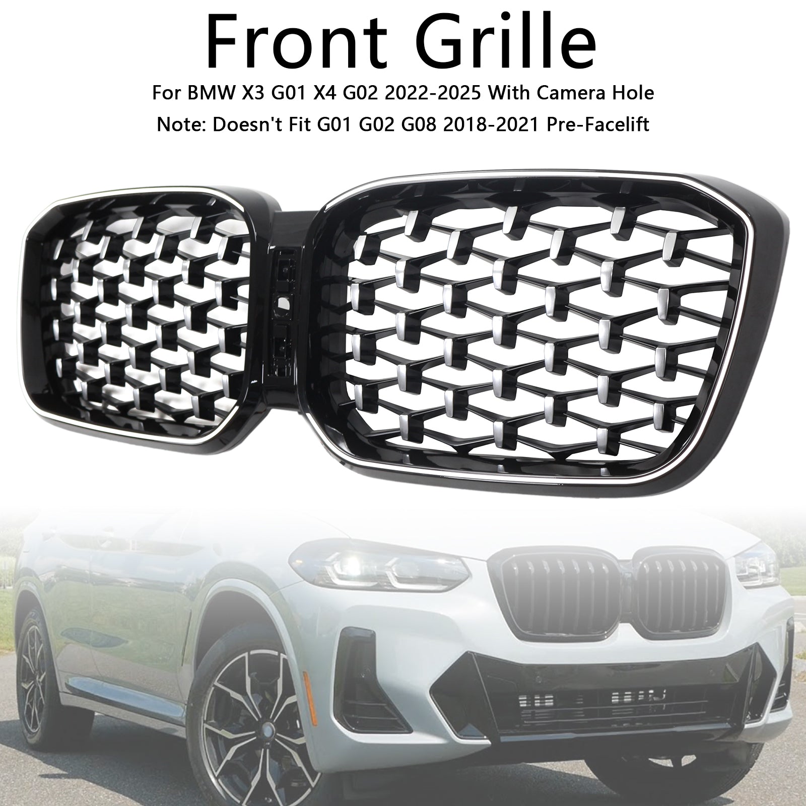 2022-2025 BMW X3 G01 / X4 G02 Chrome Diamond Black Kidney Grill Front Bumper Replacement Grille With LED Strip Light - 0