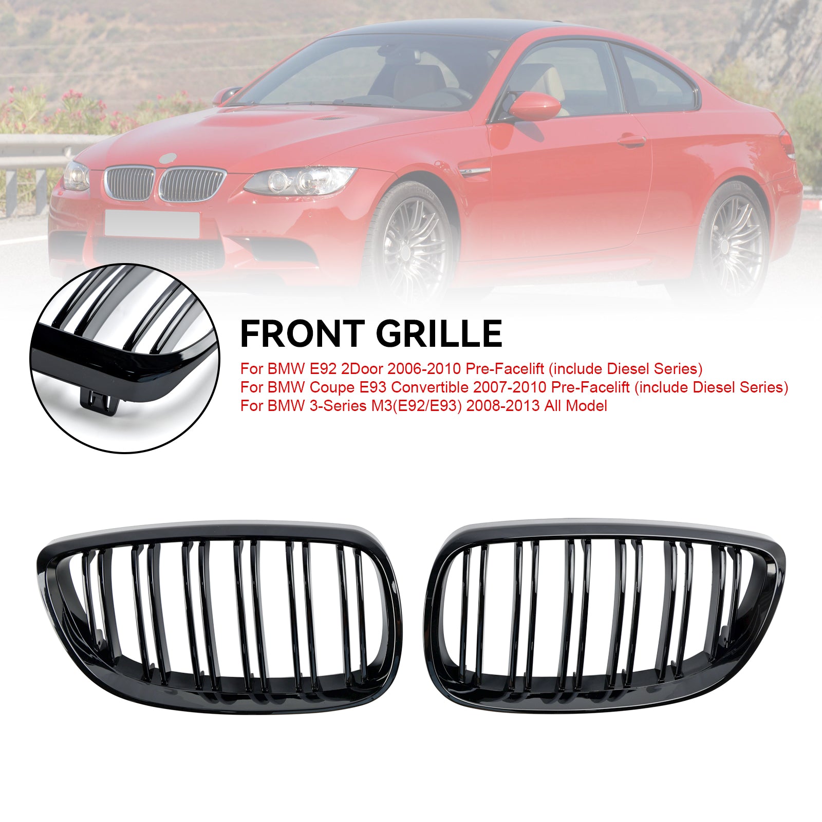 2006-2010 BMW E92 2Door Pre-Facelift 335i/328i/320d/330i/325i Front Kidney Grill Gloss Black Grille