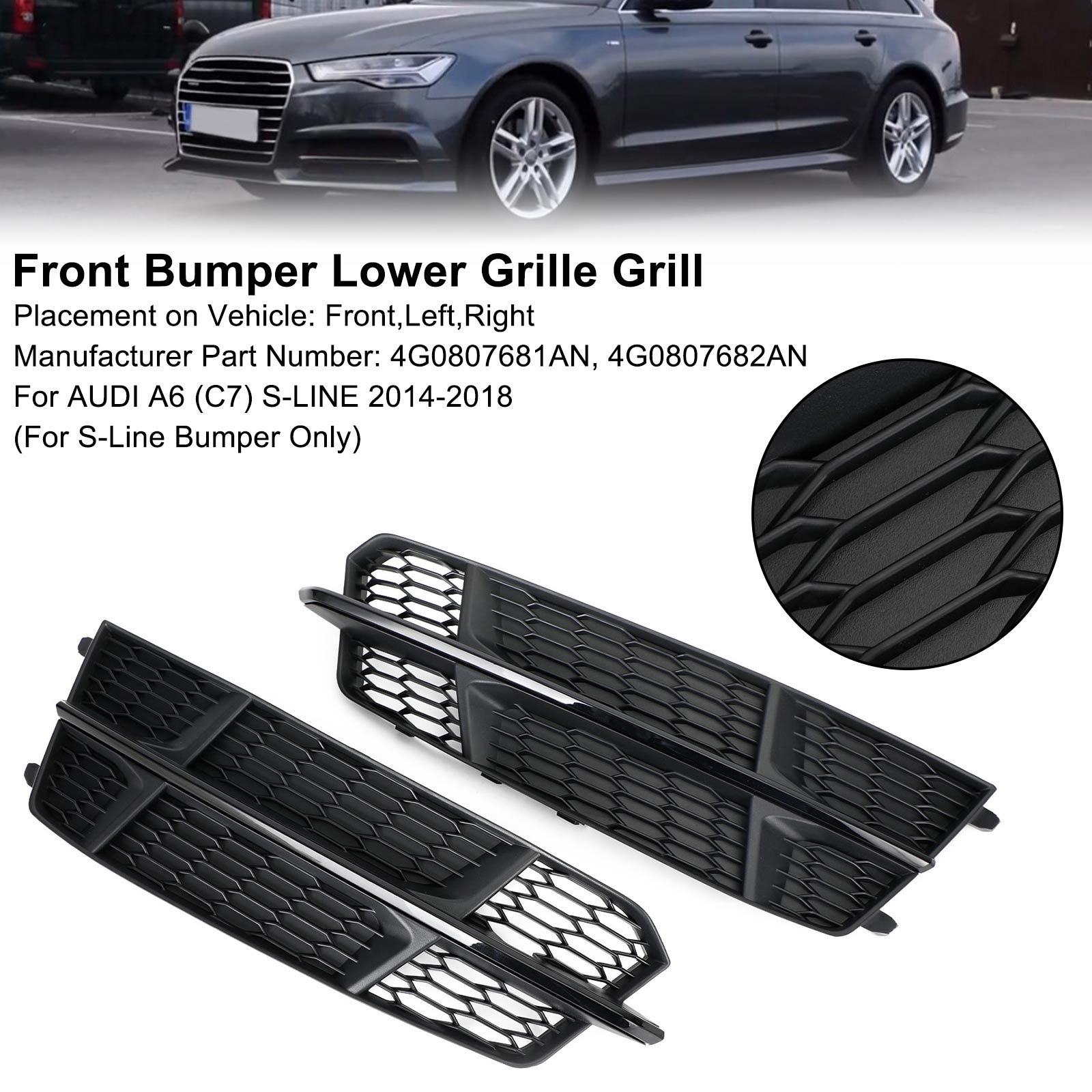 Audi A6 C7 S-Line Bumper 2016-2018 Front Bumper Lower Grille Grill Matt Black 4G0807681AN 4G0807682AN Generic