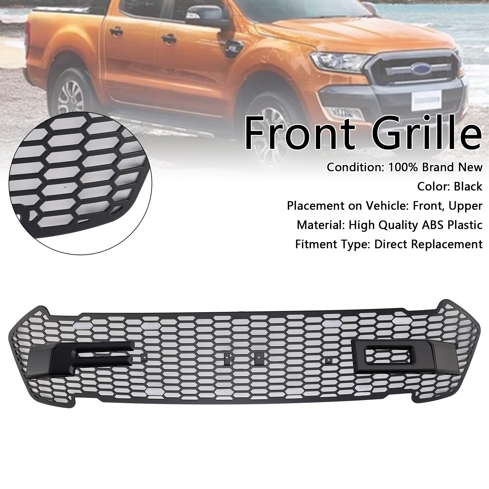 Matte Black Front Bumper Grill Grille Fit Ford Ranger 2015-2019 T7 W/LED