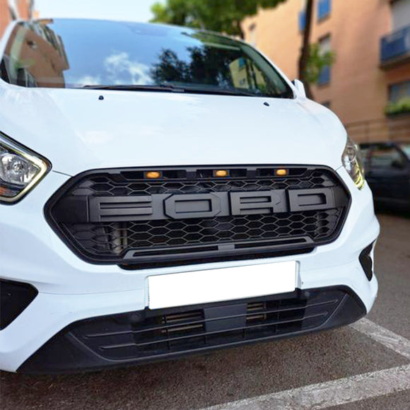 Estilo Raptor | Ford Tránsito personalizado | Negro mate | 2018-2023 | Parrilla de panal de repuesto | Rejilla del parachoques delantero + luces LED