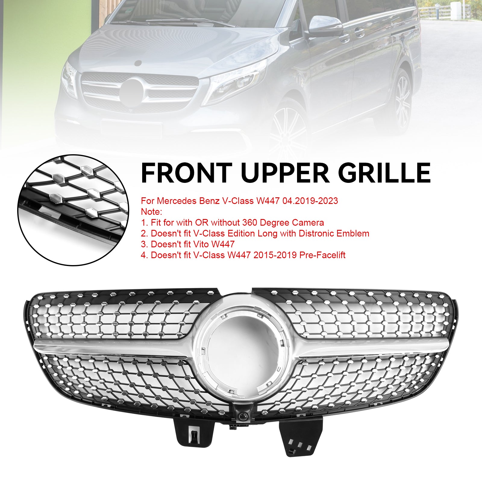 2019.4-2023 Mercedes Benz V-Class W447 V220d/250d/300d/250 Diamond Front Upper Grill Replacement Grille