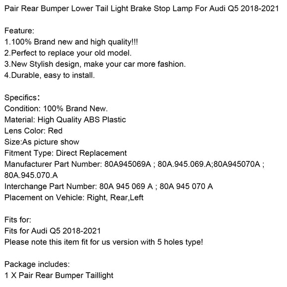 Paar hintere Stoßstange, untere Rücklicht-Brems-Bremsleuchte für Audi Q5 18–2021, US-Version
