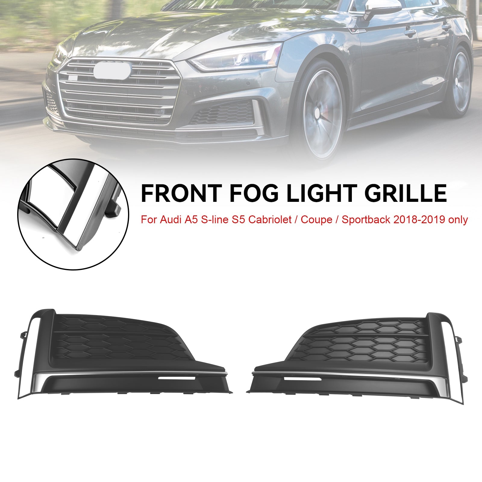 2018-2019 Audi A5 S-Line S5 Cabriolet/Coupe/Sportback 2pcs Front Bumper Fog Light Grille Cover Trim