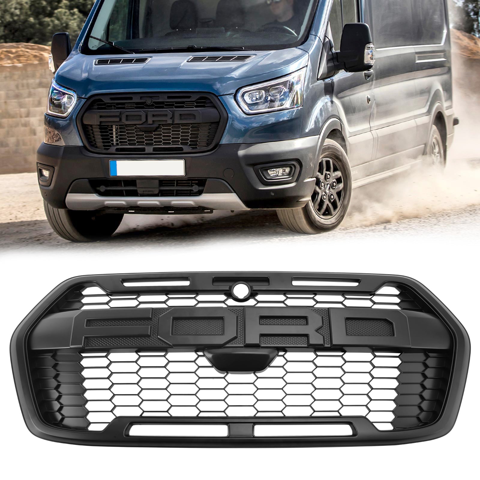 2019-2025 Ford Transit Mk8 Raptor Style Grille Gloss Gloss Black Bumper Reemplazo Grill