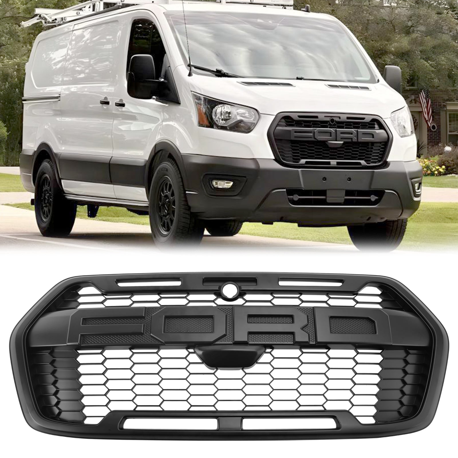 Raptor Style Grill For 2020-2024 Ford Transit 150 250 350 Front Bumper Grill Replacement Matte Black Grille