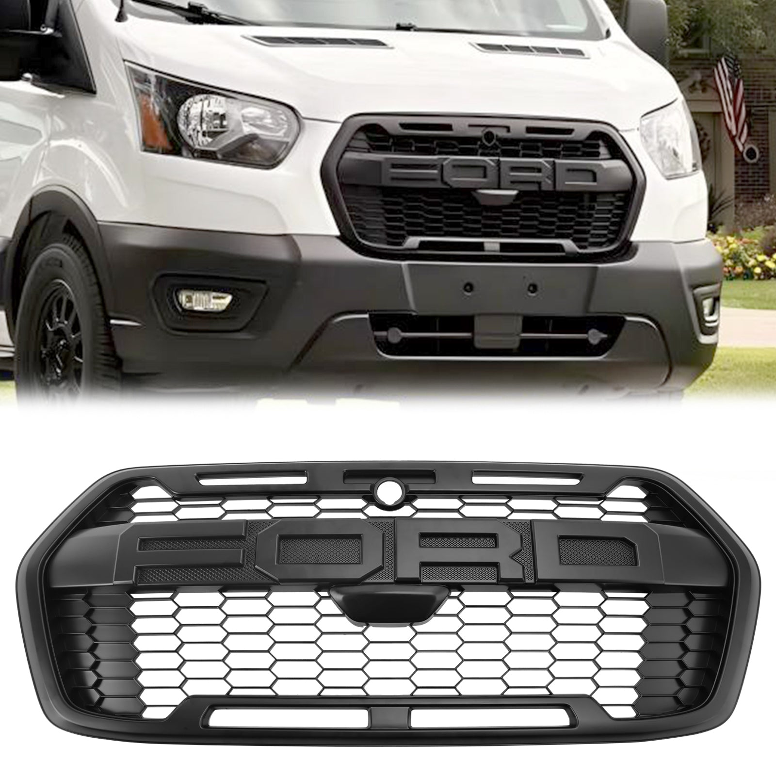 Raptor Style Grill For 2020-2025 Ford Transit 150 250 350 Front Bumper Grill Replacement Matte Black Grille