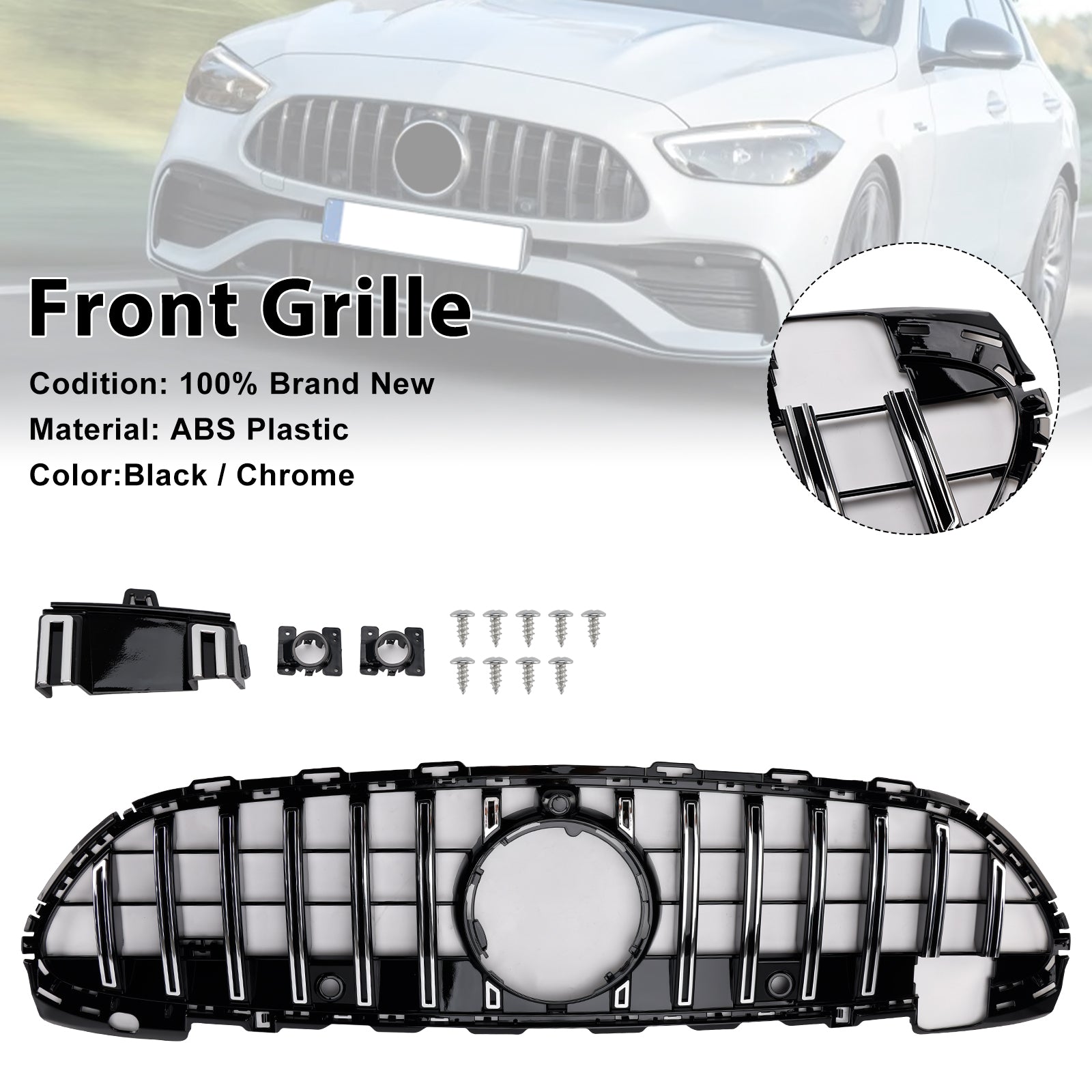 Parrilla de parachoques delantera estilo GT-R cromada compatible con Mercedes Benz W206 Clase C Amg Line 2022-2023