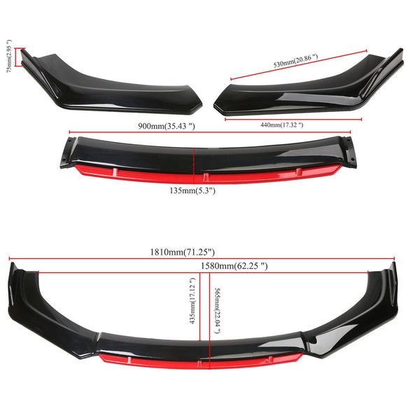 4PCS Universal Car Front Bumper Lip Body Kit Splitter Spoiler Diffuser Protector Black Red