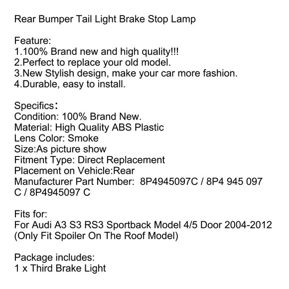 Areyourshop LED Smoke Lens 3RD Third Brake Stop Light For Audi A3 S3 RS3 Sportback 2004-2012