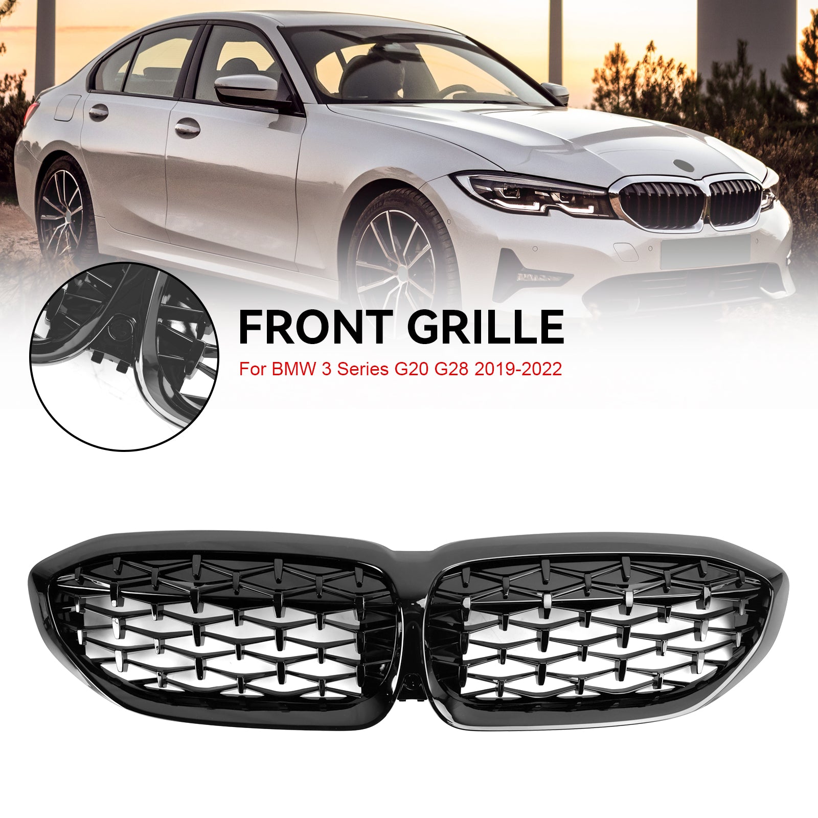 Parrilla de riñón negra con diseño de diamante para BMW Serie 3 G20 320i/330i/320d/M340i/318i/330e 2019-2022