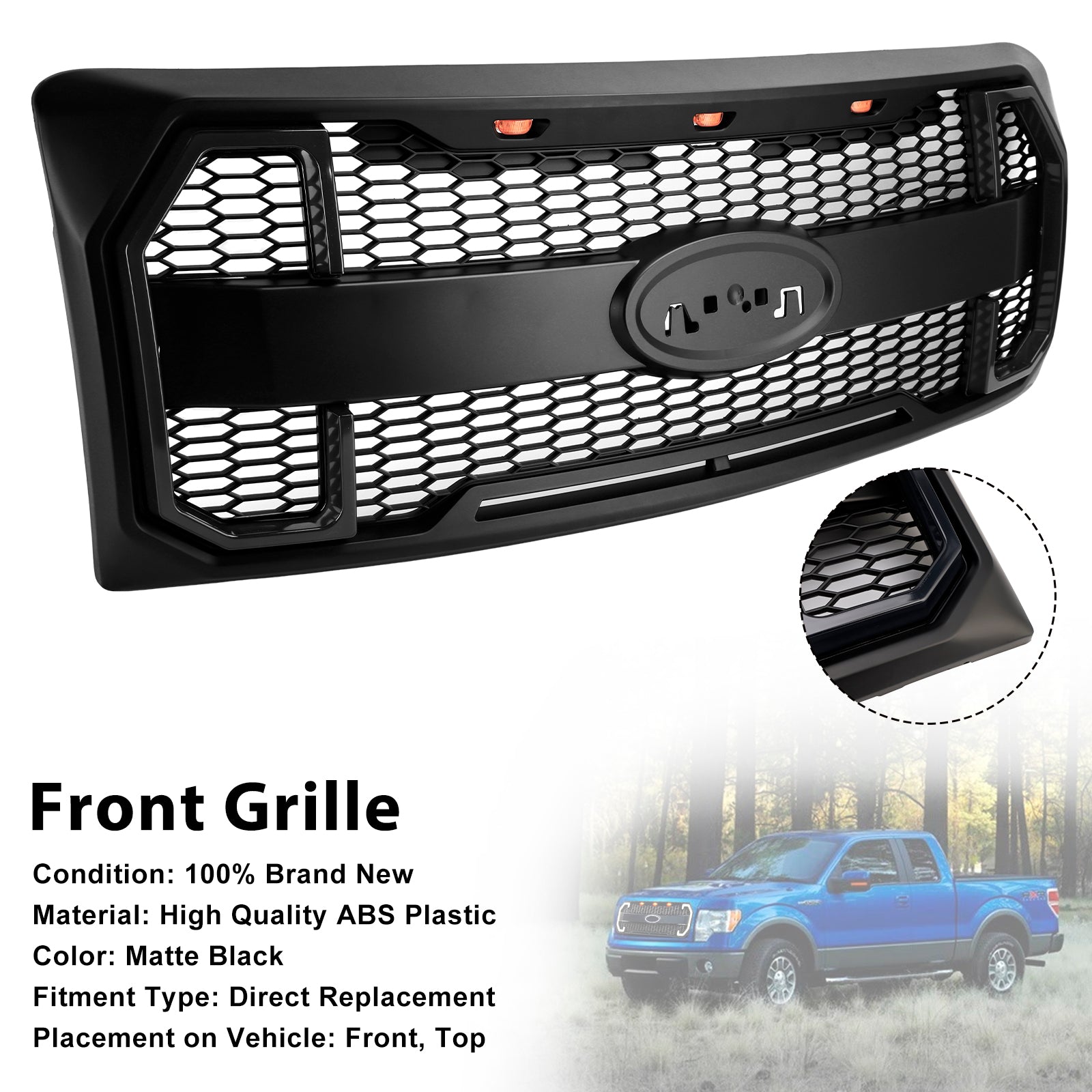Ford F150 2009-2014 W/LED Parrilla negra mate Parachoques delantero Parrilla
