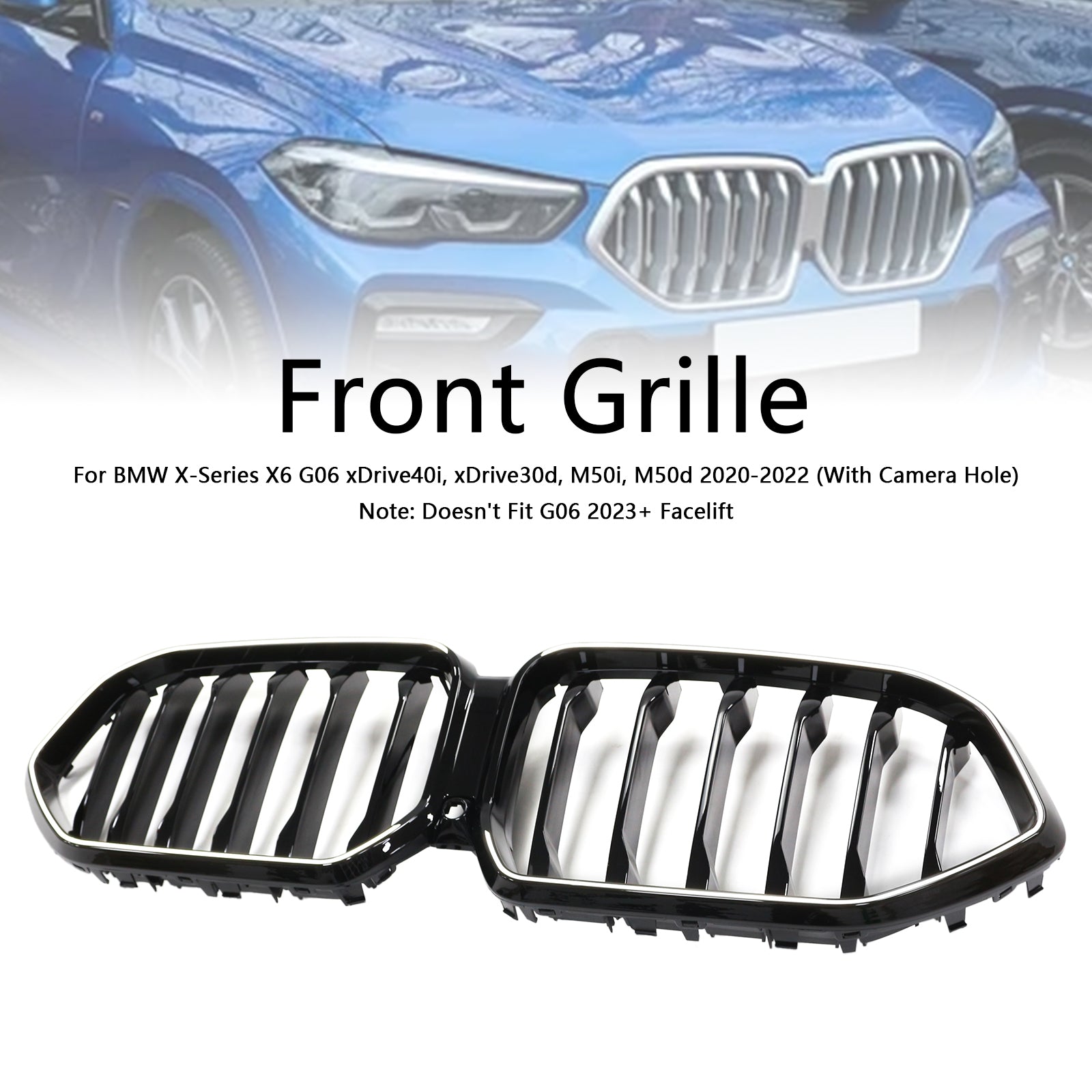 Black Front Bumper Grille Grill Fit BMW X6 G06 M50i 2020-2022 W/Camera Hole