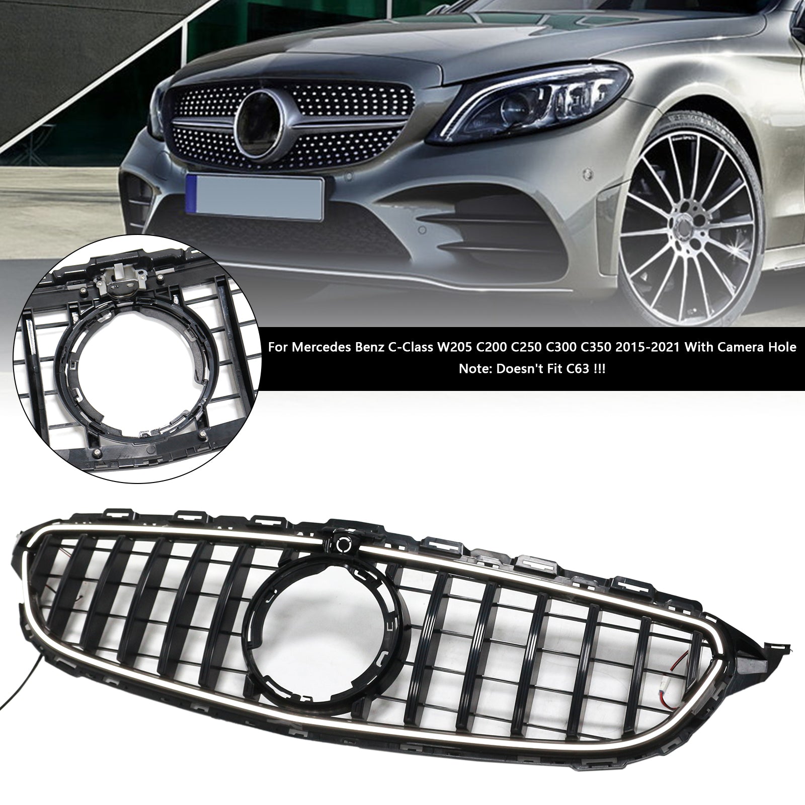 2015-2021 Mercedes Benz C-Class W205 GTR Style Grill Front Bumper Replacement Black Grille W/ LED Strip Light & Camera Hole