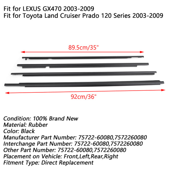 2003-2009 4PCS Toyota Land Cruiser Prado 120-serie Tochtstrip Vensterriemlijst 75722-60080 7572260080 (kopie)