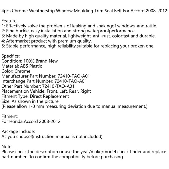 4 stks Chrome Tochtstrip Venster Moulding Trim Seal Riem Past Voor Accord 2008-2012