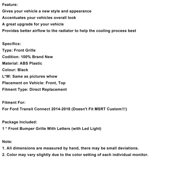 Calandre noire avec éclairage LED pour pare-chocs avant Ford Transit Connect Raptor 2014-2018 & Lettre